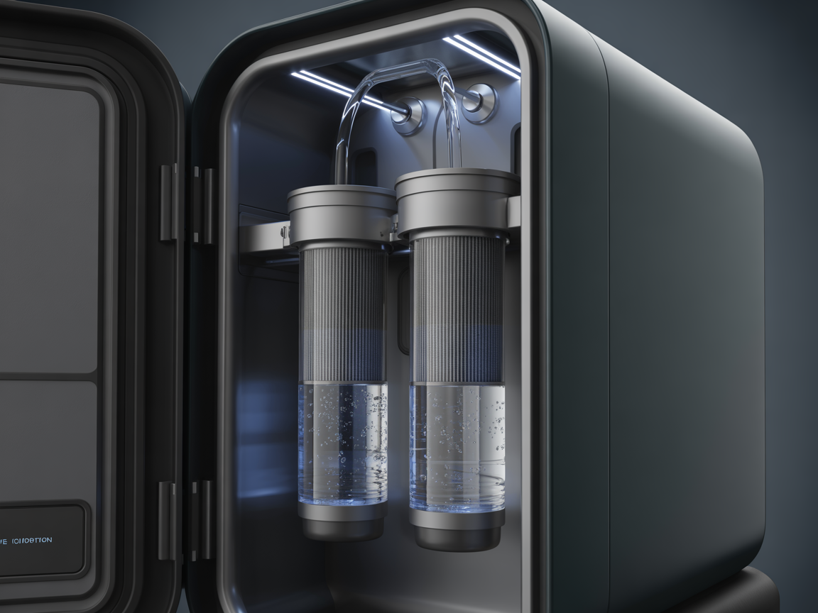 X20 2-stage water filtration system interior showing filter cartridges and purified water flow